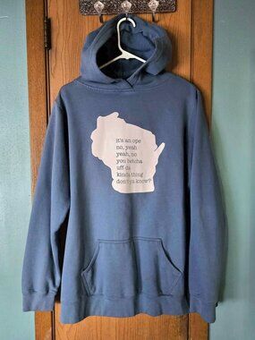 Size XL Blue & White Enza Wisconsin Funny Ope Pullover Hoodie with Pockets